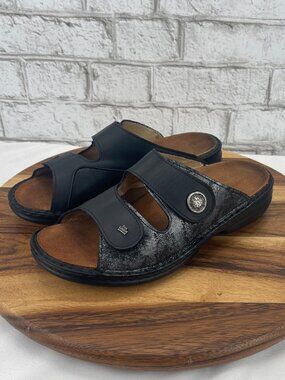 Finn Comfort Zeno Womens 10/41 Black Leather Hook & Loop Comfort Slide Sandals